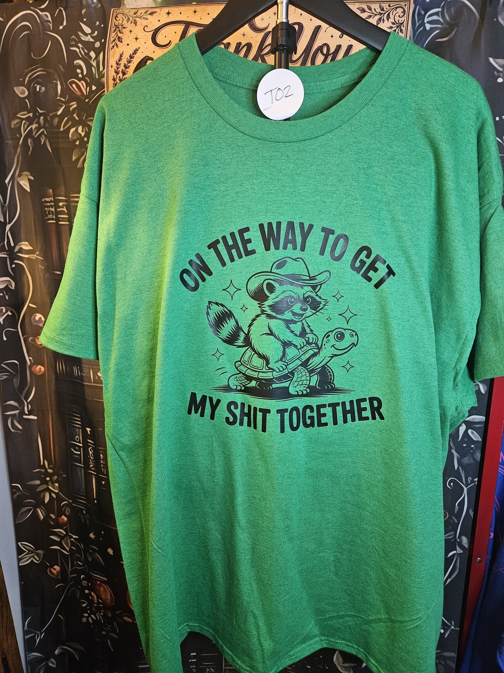 Gildan Green Graphic Tee with Raccoon & Turtle Slogan